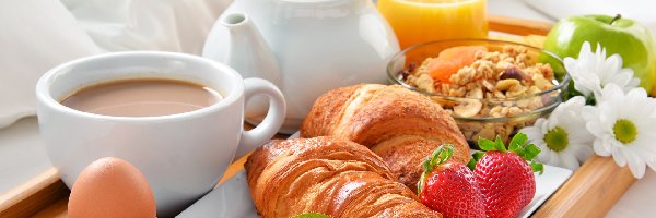 Kawa, Śniadanie, Dzbanuszek, Jajko, Kwiaty, Owoce, Sok, Taca, Musli, Rogale, Filiżanka