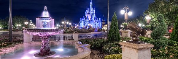Walt Disney World Resort, Stan Floryda, Noc, Światła, Miasto Bay Lake, Fontanna, Disneyland, Stany Zjednoczone