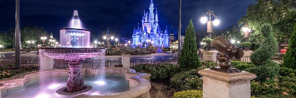 Walt Disney World Resort, Stan Floryda, Noc, Światła, Miasto Bay Lake, Fontanna, Disneyland, Stany Zjednoczone