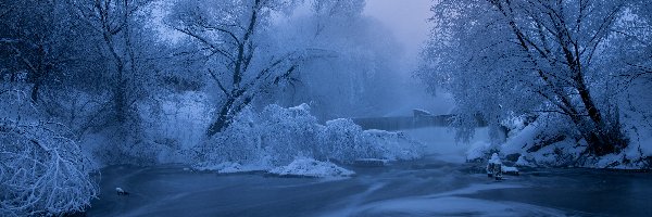 Poranek, Wodospad, Rzeka, Mróz, Zima, Drzewa, Oszronione