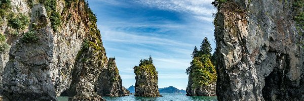 Drzewa, Stan Alaska, Stany Zjednoczone, Morze, Park Narodowy Kenai Fjords, Skały