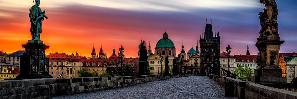 Zabytki, Most Karola, Figury, Wschód słońca, Praga, Czechy