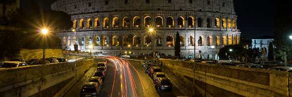 Rzym, Droga, Amfiteatr, Włochy, Koloseum, Noc, Oświetlenie