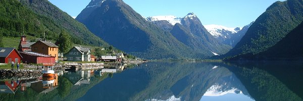 Jezioro, Domy, Góry, Norwegia, Odbicie