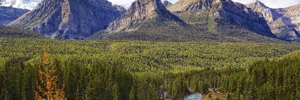 Kanada, Dolina Bow Valley, Niebo, Rzeka Bow River, Prowincja Alberta, Góry, Las, Park Narodowy Banff