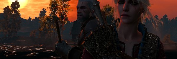 Ciri, Zachód słońca, Geralt, The Witcher 3 Wild Hunt, Wiedźmin 3 Dziki Gon