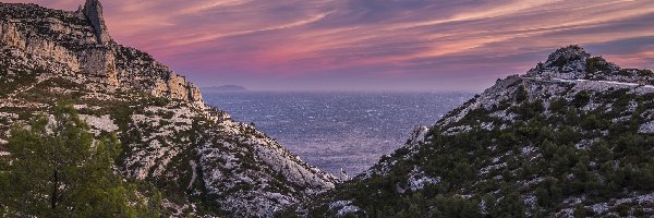 Drzewa, Morze, Park Narodowy Calanques, Skały wapienne, Góry, Francja, Marsylia