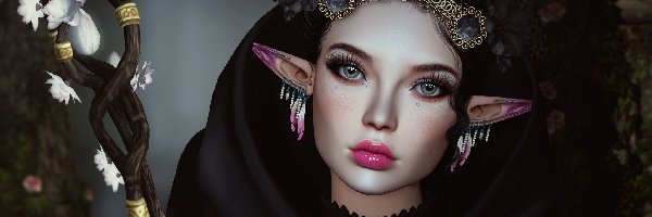 Kobieta, Czarna, Elf, Diadem, Peleryna