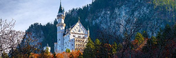 Drzewa, Niemcy, Skały, Jesień, Bawaria, Zamek Neuschwanstein