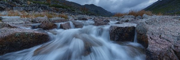 Góry, Magadan, Kamienie, Rzeka, Kołyma, Drzewa, Potok Studienyj, Rosja