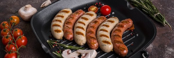 Przyprawy, Kiełbaski, Pieczarki, Grillowa, Patelnia, Ketchup, Pomidory