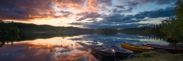 Łódki, Zachód słońca, Jezioro, Drzewa, Ringerike, Norwegia