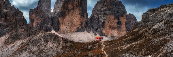 Śnieg, Dolomity, Włochy, Domy, Tre Cime di Lavaredo, Góry