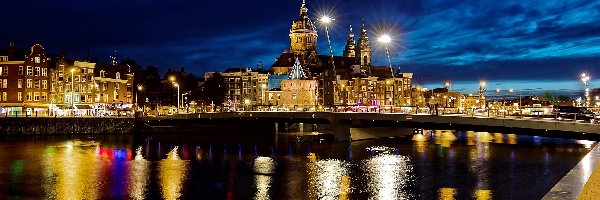 Noc, Kościół, Bazylika św Mikołaja, Amsterdam, Holandia, Most, Rzeka IJ