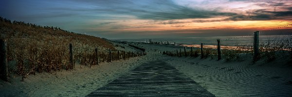 Zachód Słońca, Wybrzeże, Wydmy, Piasek, Morze Północne, Plaża, Kładka, Holandia