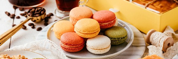 Kawa, Makaroniki, Talerz, Ciasto, Kolorowe, Ciasteczka