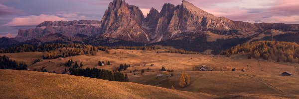 Dolomity, Dolina Val Gardena, Włochy, Drzewa, Góry Sassolungo, Wzgórza, Domy, Płaskowyż Seiser Alm