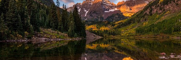 Drzewa, Góry Skaliste, Szczyty Maroon Bells, Stan Kolorado, Stany Zjednoczone, Jesień, Jezioro Maroon Lake