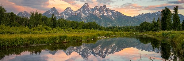 Stan Wyoming, Rzeka Snake River, Odbicie, Chmury, Góry Teton Range, Stany Zjednoczone, Drzewa, Park Narodowy Grand Teton