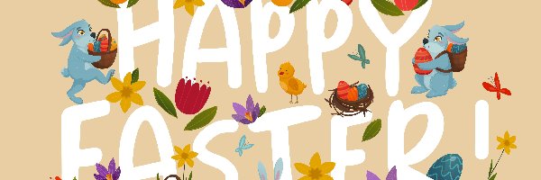 Wielkanoc, Napis, Zajączki, 2D, Happy Easter