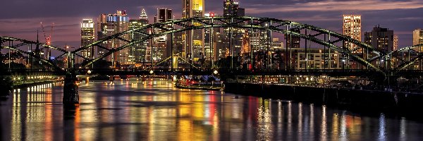 Miasto nocą, Niemcy, Frankfurt, Most, Rzeka