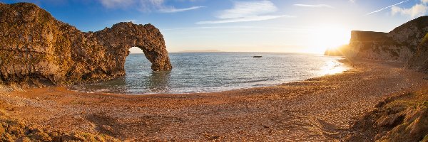 Wschód słońca, Hrabstwo Dorset, Skała, Wybrzeże, Łuk wapienny Durdle Door, Kanał La Manche, Morze, Anglia, Wybrzeże Jurajskie, Chmury