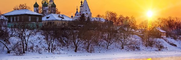 Promienie, Zima, Rzeka, Słońca, Cerkiew, Rosja