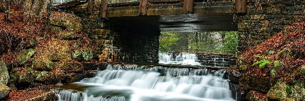 Kamienie, Kaskada, Jesień, Drzewa, Rzeka, Most