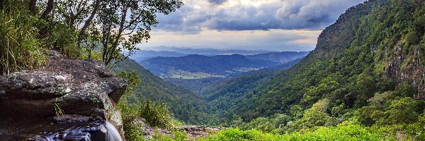 Góry, Queensland, Chmury, Drzewa, Park Narodowy Lamington, Wzgórze O Reilly, Wodospad Morans Falls, Australia