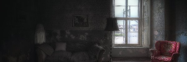 Dywan, Czerwony, Lampa, Pokój, Fotel, Okno, Zaniedbany, Sofa