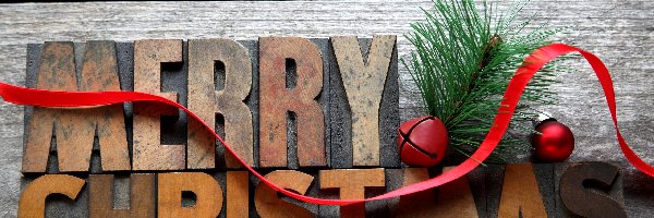 Gałązka, Napis, Merry Christmas, Wstążka, Drewniany, Boże Narodzenie