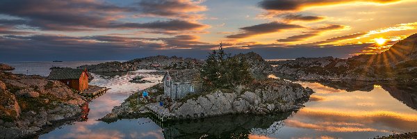 Wzniesienia, Skały, Norwegia, Egersund, Zatoczka, Zachód słońca, Domy, Wyspa Eigeroya