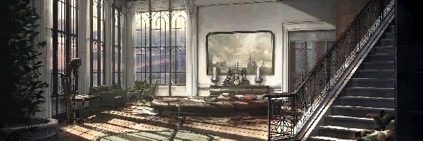 Okna, Salon, Schody, Wnętrze, Dishonored 2, Gra