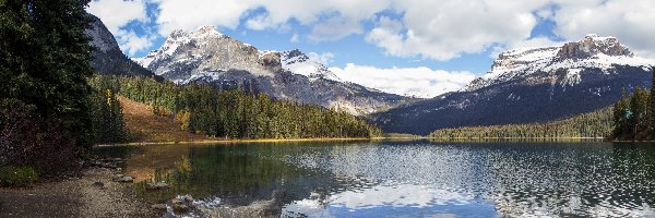 Drzewa, Góry, Kanada, Prowincja Kolombia Brytyjska, Las, Jezioro Emerald Lake, Chmury, Park Narodowy Yoho