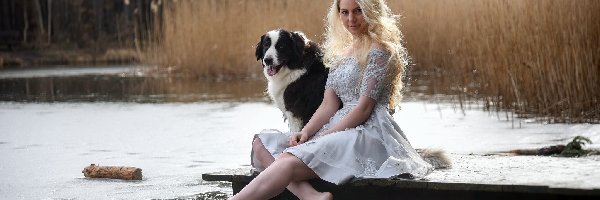 Pies, Blondynka, Szuwary, Woda, Sukienka, Border collie, Kładka, Kobieta