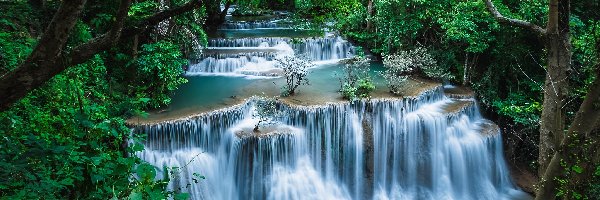 Prowincja Kanchanaburi, Drzewa, Park Narodowy Erawan, Tajlandia, Kaskada, Wodospad Erawan
