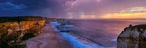 Morze, Ocean Indyjski, Klif, Park Narodowy Port Campbell, Australia, Wybrzeże, Zachód słońca