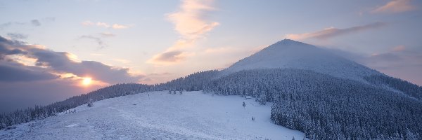 Chmury, Las, Wschód słońca, Ukraina, Zima, Góry Karpaty