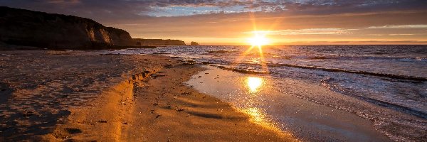 Plaża, Promienie słońca, Morze, Zachód słońca