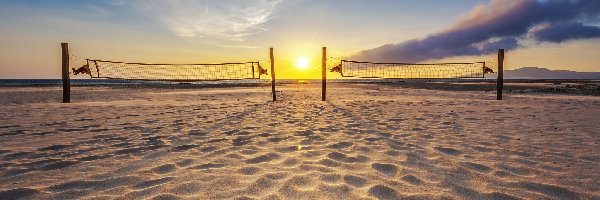 Plaża, Słońce, Piasek, Siatki, Niebo