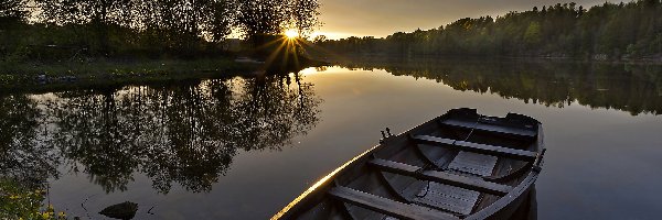 Łódka, Świt, Jezioro, Drzewa, Słońca, Wschód