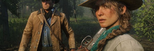 Karabin, Arthur Morgan, Sadie Adler, Red Dead Redemption 2, Gra, Kapelusz, Warkocz