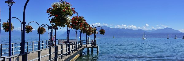Jezioro, Kwiaty, Pomost, Szwajcaria