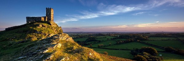 Farmy, Kościoła, Anglia, Horyzont, Góra, Pola, Łąki, Ruiny