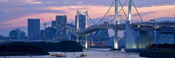Morze, Tokio, Most, Statki, Panorama, Świt