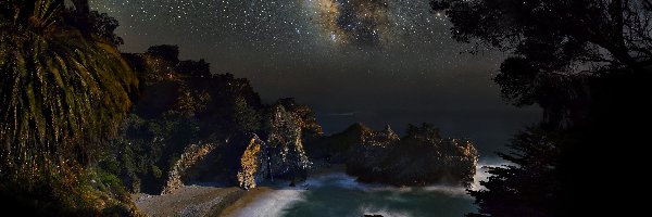 Wybrzeże, Noc, Zatoka, Droga mleczna, Niebo