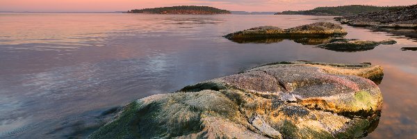 Jezioro Ładoga, Zachód słońca, Skały, Rosja, Karelia