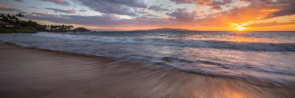 Hawaje, Zachód słońca, Morze, Plaża, Chmury