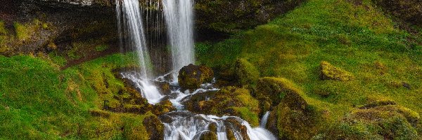 Islandia, Skały, Wodospad Selvallafoss, Kamienie, Omszałe