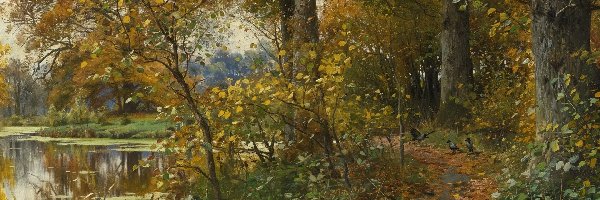 Drzewa, Jesień, Staw, Peder Monsted, Malarstwo, Ścieżka, Ptaki